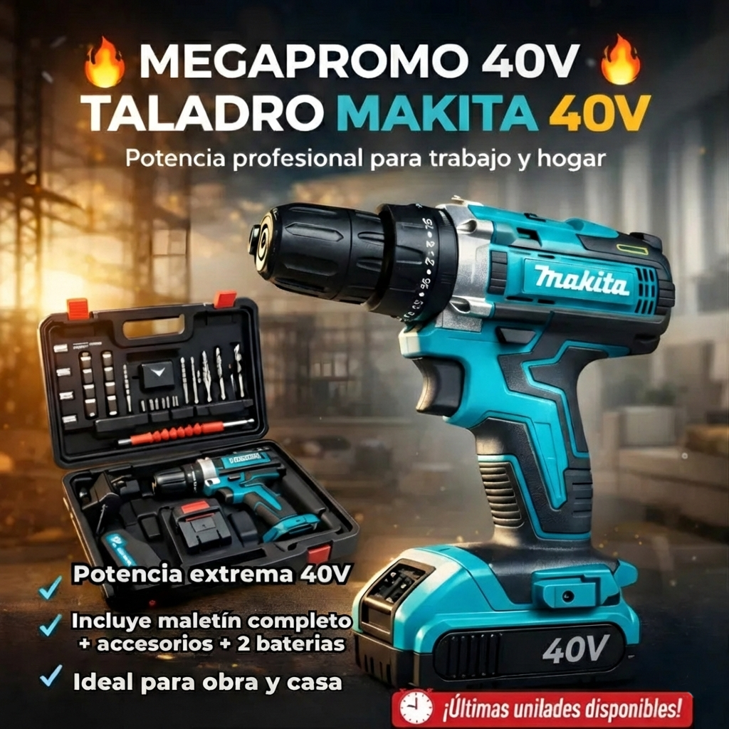 Taladro de Impacto inalámbrico percutor+ Maletin + 24 Accesorios + 2 Baterias 40 V